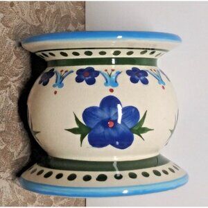 VTG Blue Ivory Ceramic Candle holder floral Mexican sunrise giftcraft pillar EUC